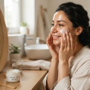 یک انسان شاد و راضی که توانسته مرطوب کننده خوب خودش را پیدا کند و در حال استفاده است.