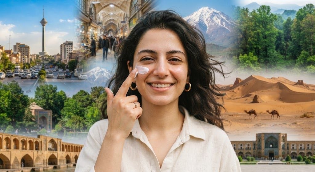 زنی در وسط تصویر با بک گراندی از مناطق و اقلیم های جغرافیایی مختلف ایران که نشان میدهد ضد آفتاب ایرانی برای انسان ایرانی ساخته شده. 