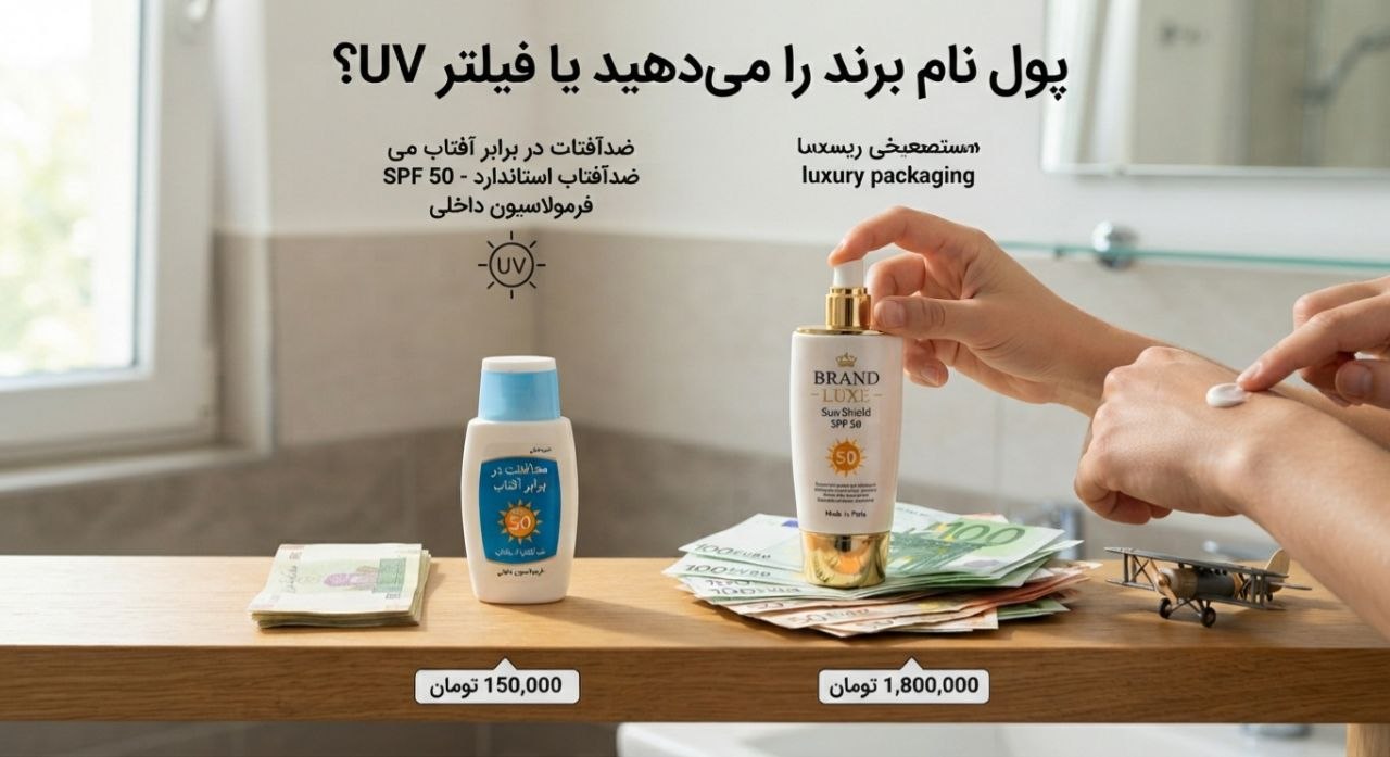 دو ضدآفتاب یکسان کنار هم که یکی بخاطر خارجی و برند بودن گرانتر است و دیگری داخلی و ارزان و با همان کیفیت است.