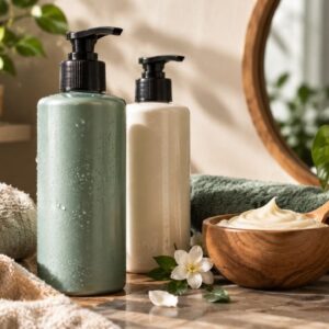 تصویری گرم و طبیعی از محصولات مراقبت از مو، حوله، برس چوبی، ماسک مو و گیاهان سبز در فضایی آرام و دلنشین.