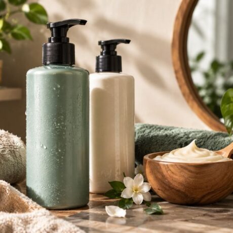 تصویری گرم و طبیعی از محصولات مراقبت از مو، حوله، برس چوبی، ماسک مو و گیاهان سبز در فضایی آرام و دلنشین.